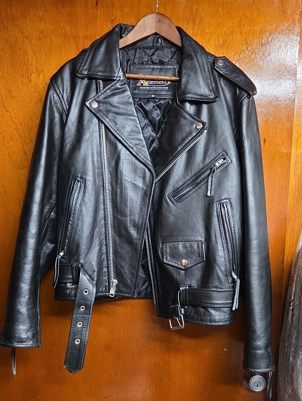 Xelement Black Leather Biker Jacket with Belted Waist